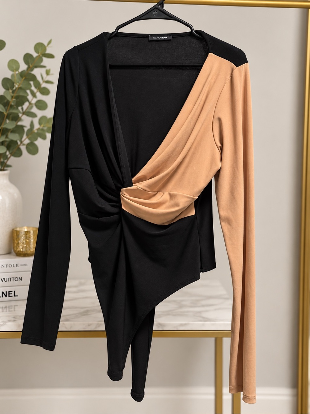 Fashion Nova Black and Nude Colorblock Draped Bodysuit